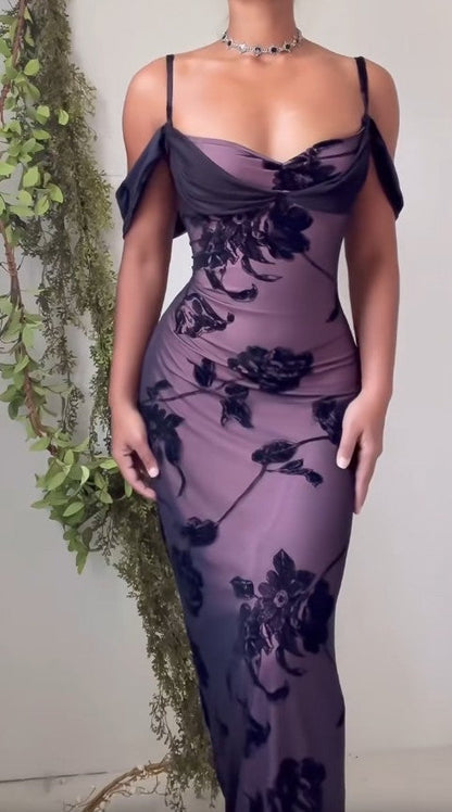 Vestido ajustado de satén morado único, vestido de fiesta con tirantes finos de tul negro, vestido de cumpleaños ED01856