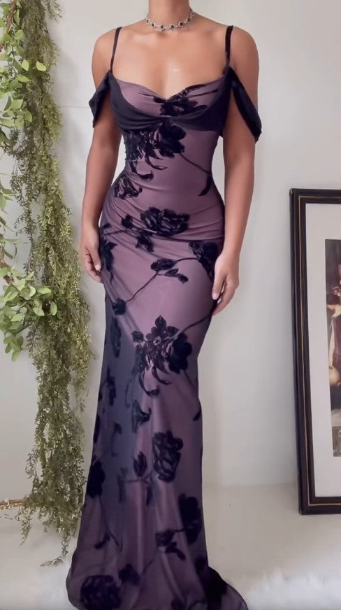 Vestido ajustado de satén morado único, vestido de fiesta con tirantes finos de tul negro, vestido de cumpleaños ED01856
