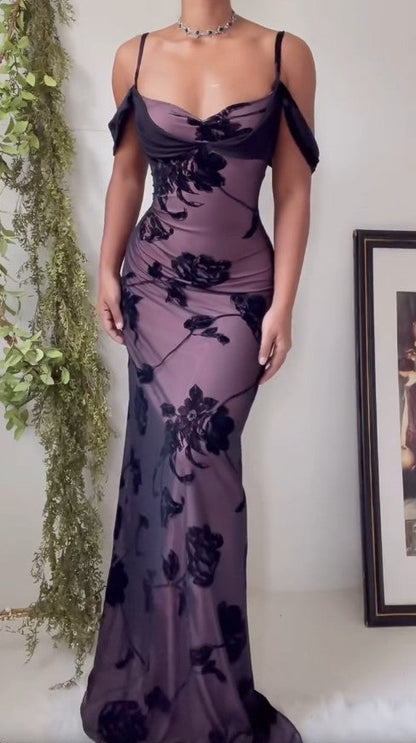 Vestido ajustado de satén morado único, vestido de fiesta con tirantes finos de tul negro, vestido de cumpleaños ED01856