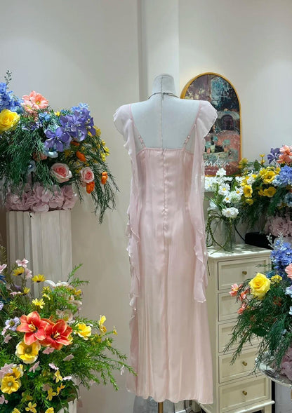 Vestido ajustado de gasa con cuello en V y volantes en rosa suave, vestido de fiesta para cumpleaños ED01859