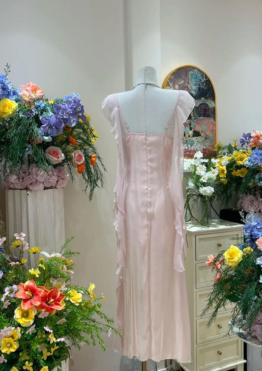 Vestido ajustado de gasa con cuello en V y volantes en rosa suave, vestido de fiesta para cumpleaños ED01859