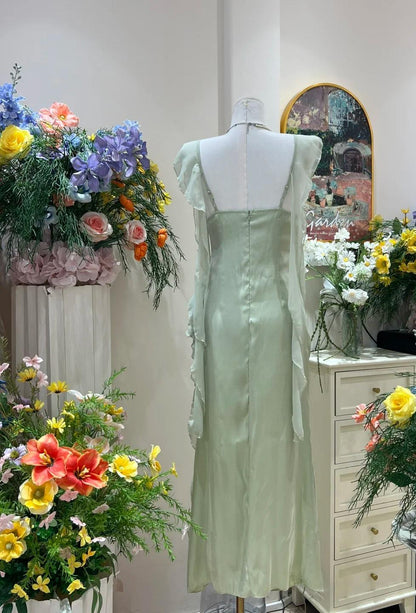 Vestido ajustado de gasa con cuello en V y volantes en rosa suave, vestido de fiesta para cumpleaños ED01859