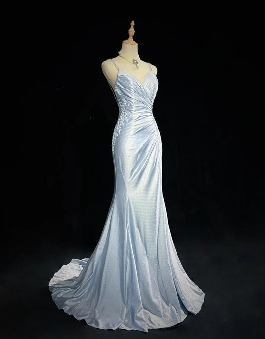 Hermoso vestido de noche con tirantes finos, corte sirena, satén brillante, largo, sin espalda, con apliques, vestido de novia sencillo ED01863