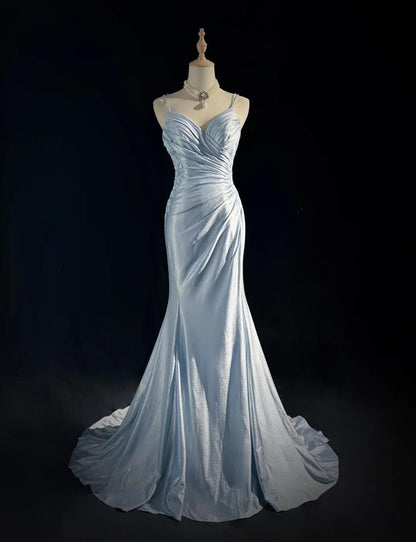 Hermoso vestido de noche con tirantes finos, corte sirena, satén brillante, largo, sin espalda, con apliques, vestido de novia sencillo ED01863