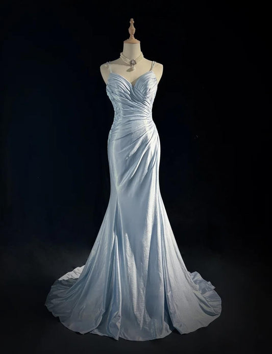 Hermoso vestido de noche con tirantes finos, corte sirena, satén brillante, largo, sin espalda, con apliques, vestido de novia sencillo ED01863