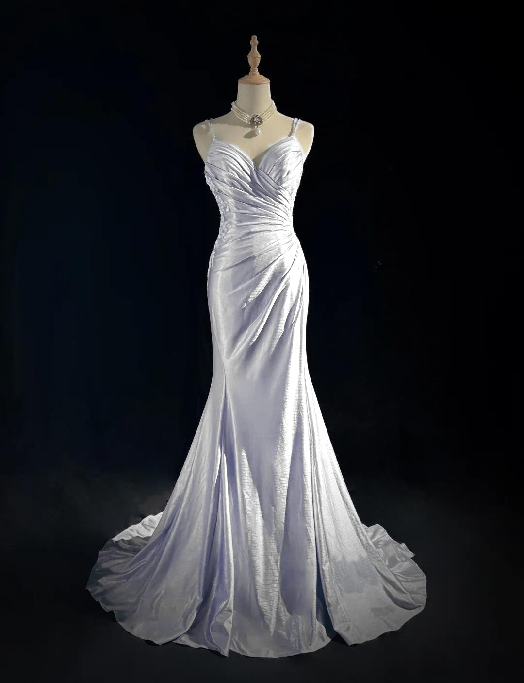 Hermoso vestido de noche con tirantes finos, corte sirena, satén brillante, largo, sin espalda, con apliques, vestido de novia sencillo ED01863