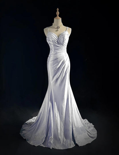Hermoso vestido de noche con tirantes finos, corte sirena, satén brillante, largo, sin espalda, con apliques, vestido de novia sencillo ED01863
