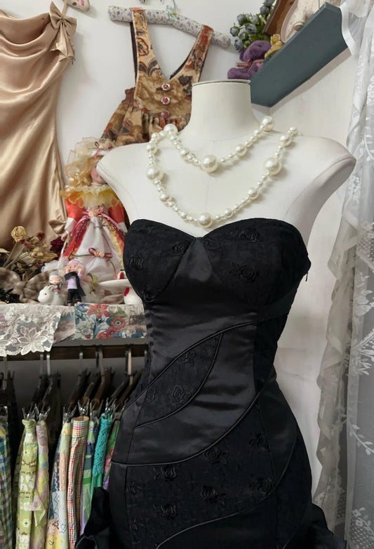 Vestido de fiesta de satén estilo sirena con escote corazón y temperamento negro, vestido de cumpleaños, vestido formal de noche ED01865