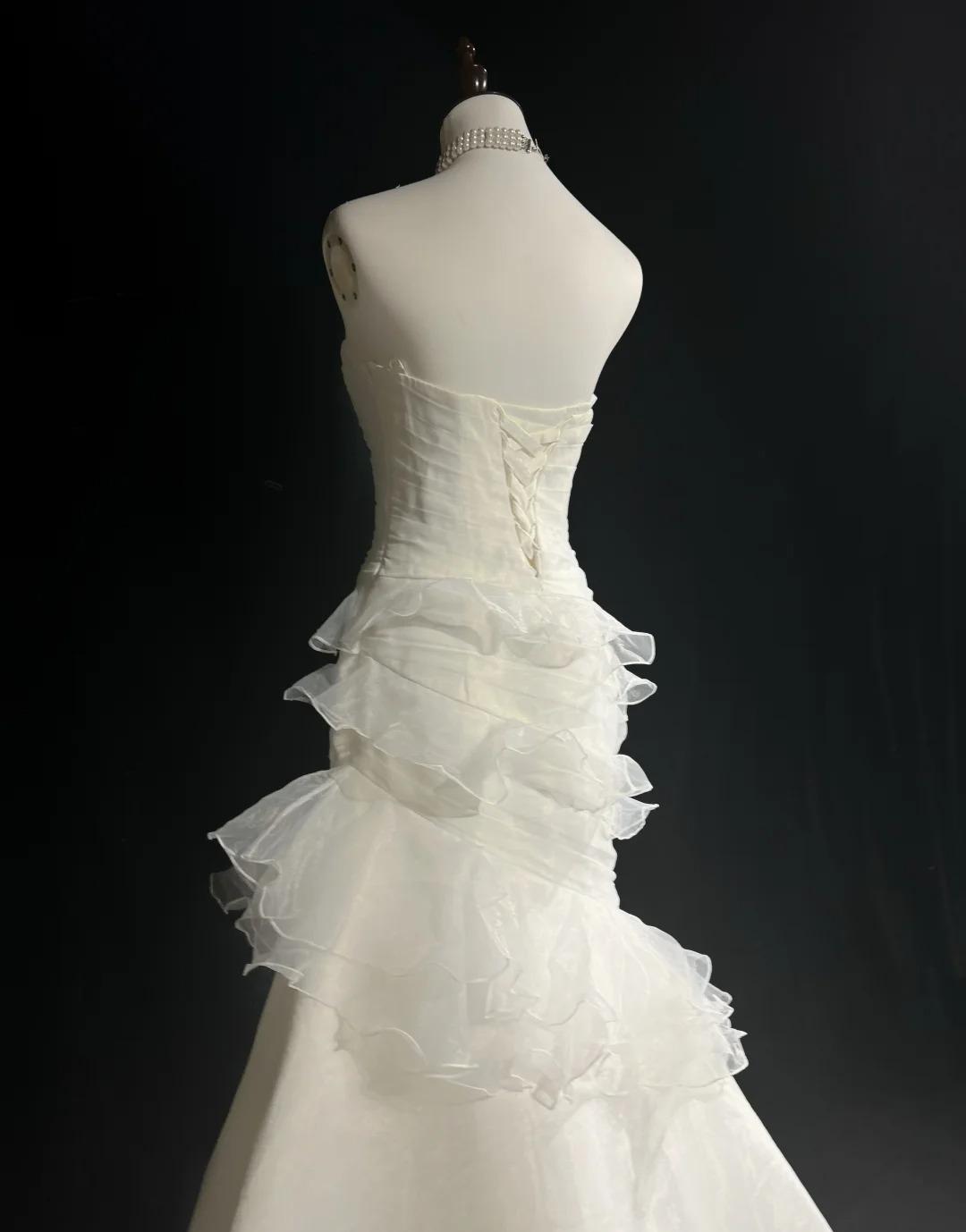 Impresionante vestido de fiesta largo de organza con corte sirena, blanco, sin tirantes, vestido de novia sencillo ED01872