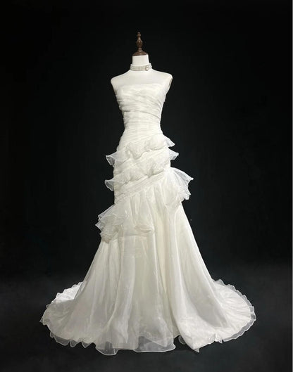 Impresionante vestido de fiesta largo de organza con corte sirena, blanco, sin tirantes, vestido de novia sencillo ED01872