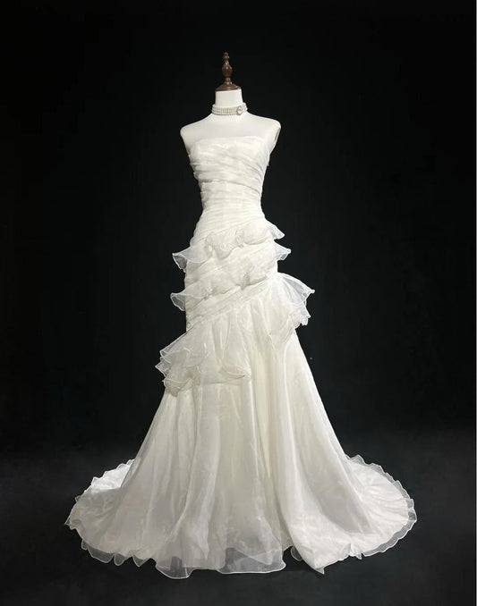Impresionante vestido de fiesta largo de organza con corte sirena, blanco, sin tirantes, vestido de novia sencillo ED01872