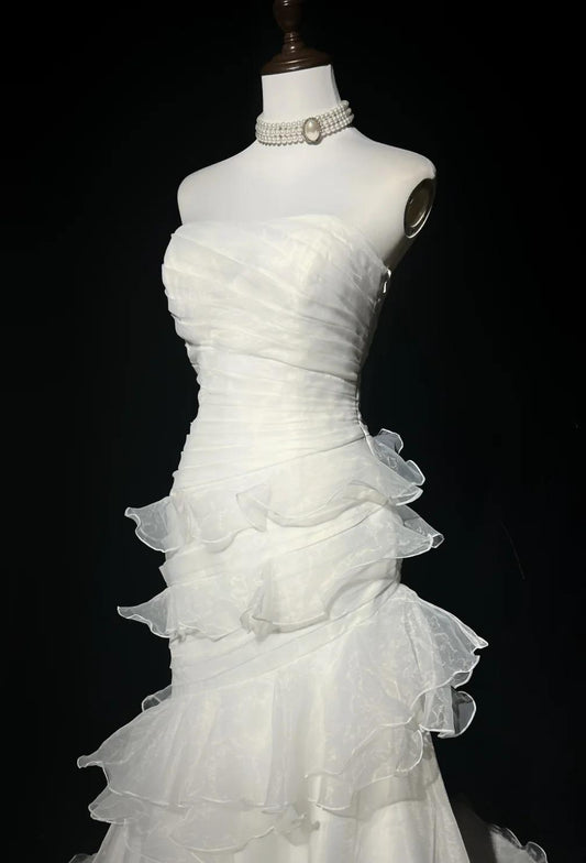 Impresionante vestido de fiesta largo de organza con corte sirena, blanco, sin tirantes, vestido de novia sencillo ED01872