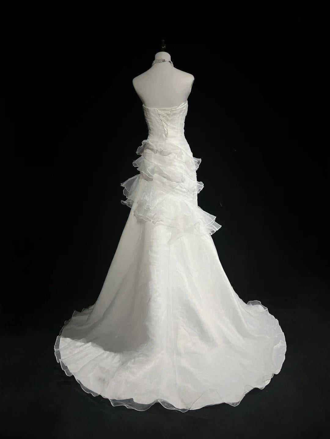 Impresionante vestido de fiesta largo de organza con corte sirena, blanco, sin tirantes, vestido de novia sencillo ED01872