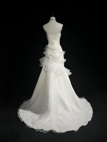 Impresionante vestido de fiesta largo de organza con corte sirena, blanco, sin tirantes, vestido de novia sencillo ED01872