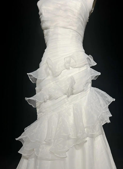 Impresionante vestido de fiesta largo de organza con corte sirena, blanco, sin tirantes, vestido de novia sencillo ED01872