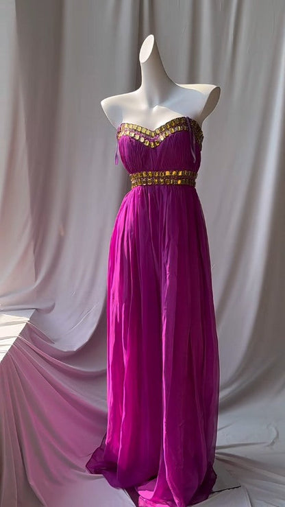 Vestido de novia fucsia con escote corazón, estilo retro, de gasa, brillante, ED01875