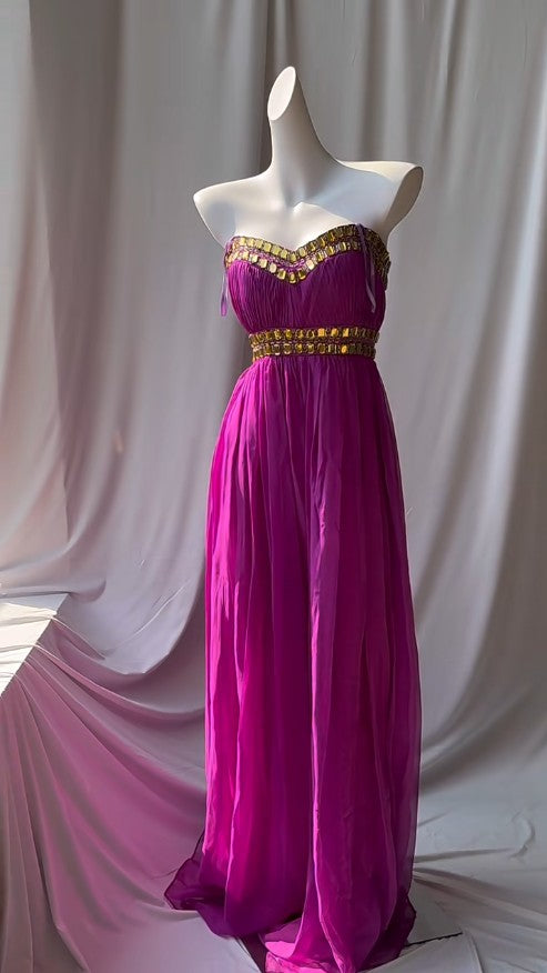 Vestido de novia fucsia con escote corazón, estilo retro, de gasa, brillante, ED01875