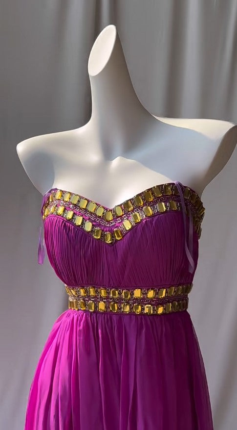 Vestido de novia fucsia con escote corazón, estilo retro, de gasa, brillante, ED01875