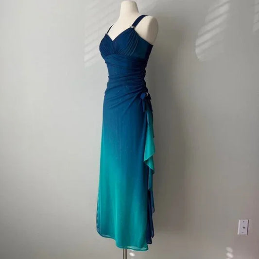 Hermoso vestido de fiesta de graduación con escote corazón de gasa con purpurina azul degradado, vestido de cumpleaños ED01885