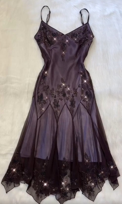 Vintage-Inspired Prom Dresses Under $180🩵Gothic Spaghetti Straps Blue Satin Chiffon Sheath Evening Dress with Beading ED01891