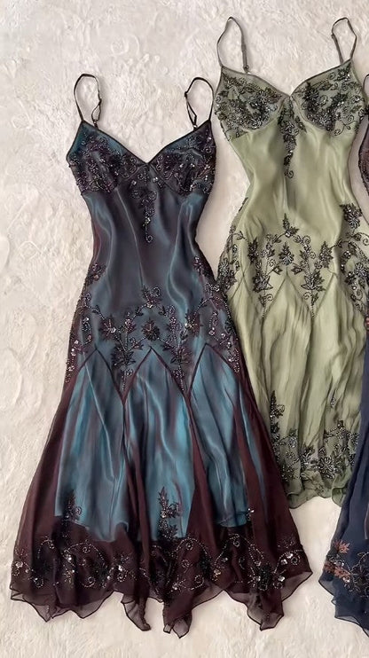 Vintage-Inspired Prom Dresses Under $180🩵Gothic Spaghetti Straps Blue Satin Chiffon Sheath Evening Dress with Beading ED01891