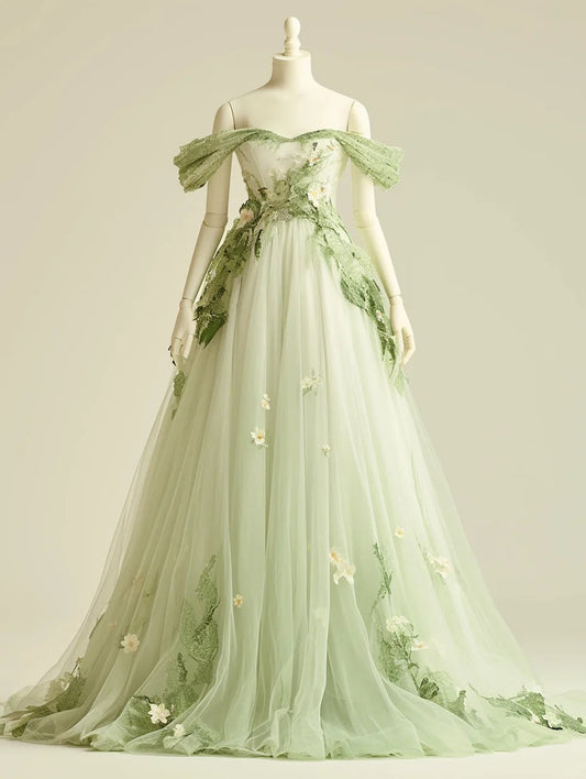 Vestido largo de fiesta de tul verde claro con escote en A y hombros descubiertos, ideal para cumpleaños, ED01898