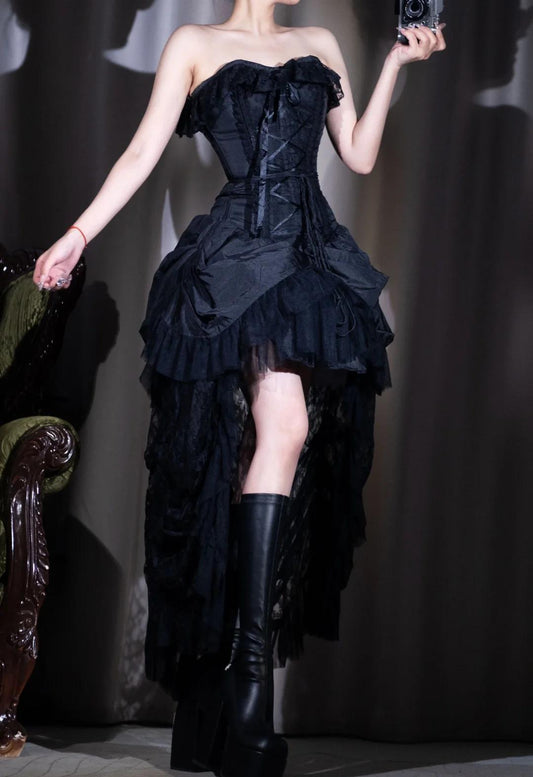 Vestido de fiesta negro con encaje, corte A, sin tirantes, para cumpleaños, ED01902
