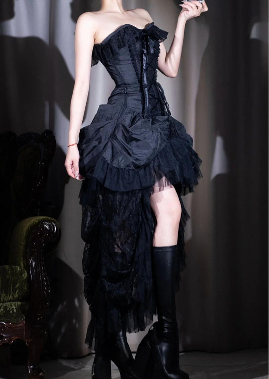Vestido de fiesta negro con encaje, corte A, sin tirantes, para cumpleaños, ED01902