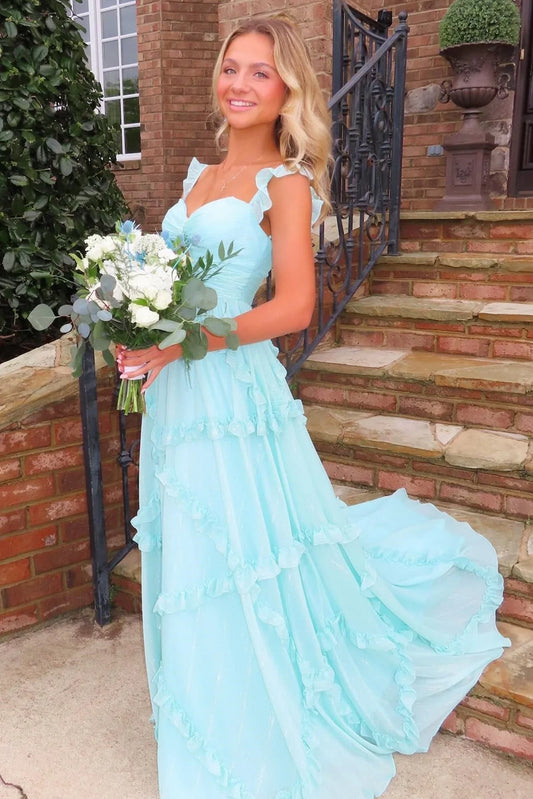 Vestido de fiesta y de novia azul encantado con escote en forma de A y corte en A - Elegante vestido de fiesta de cumpleaños de gasa con volantes ED01912