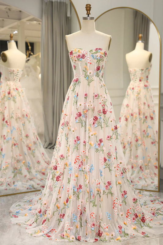 Vestido de fiesta y de novia con flores, corte A, sin tirantes, para 16 años, con apliques bordados y tul, ideal para cumpleaños y graduación (ED01914)