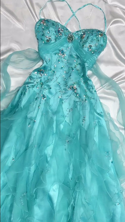 Vestido de fiesta azul estilo princesa bebé inspirado en los años 50: tul y satén con lentejuelas brillantes para eventos formales ED01932