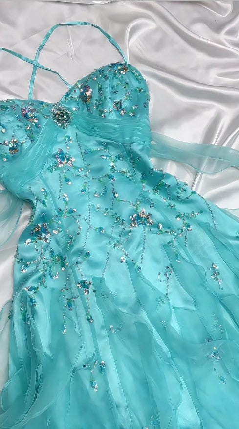 Vestido de fiesta azul estilo princesa bebé inspirado en los años 50: tul y satén con lentejuelas brillantes para eventos formales ED01932