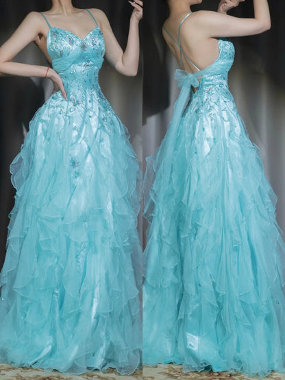 Vestido de fiesta azul estilo princesa bebé inspirado en los años 50: tul y satén con lentejuelas brillantes para eventos formales ED01932