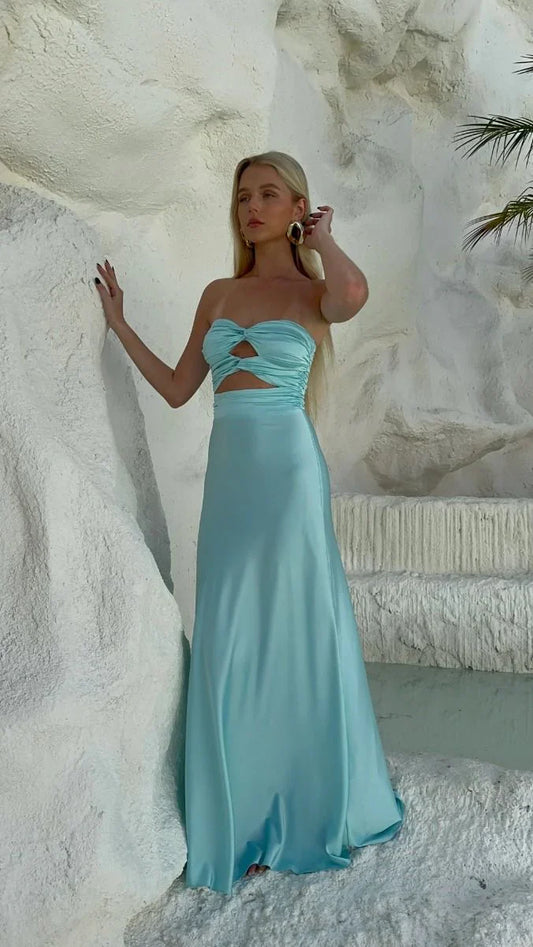 Vestidos de fiesta azul Tiffany sin tirantes, de satén, ED01934