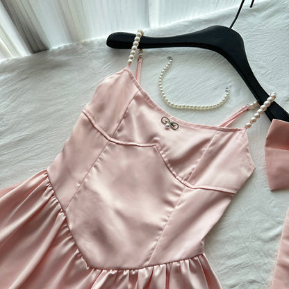 Fairytale🩷 Spring Pool Party Dress Pink Satin A-Line Short Prom Dress for Birthday &Homecoming  ED01937