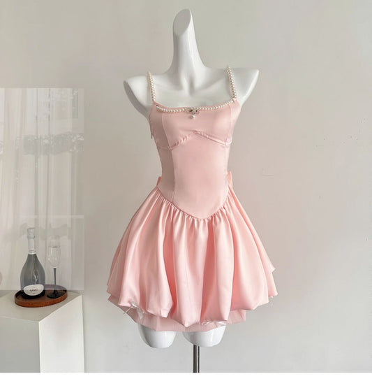 Vestido de fiesta de primavera en la piscina de cuento de hadas, de satén rosa, corte A, corto, para cumpleaños y regreso a casa, ED01937