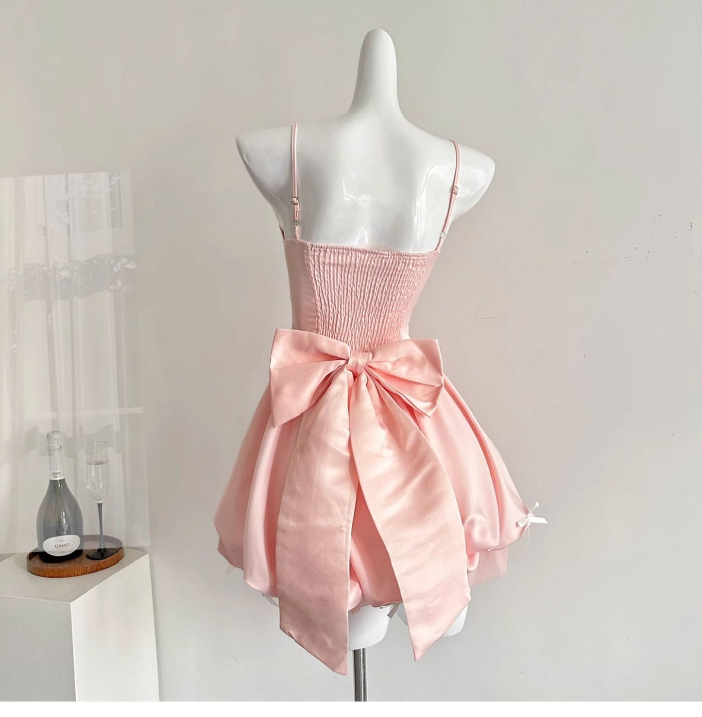Fairytale🩷 Spring Pool Party Dress Pink Satin A-Line Short Prom Dress for Birthday &Homecoming  ED01937