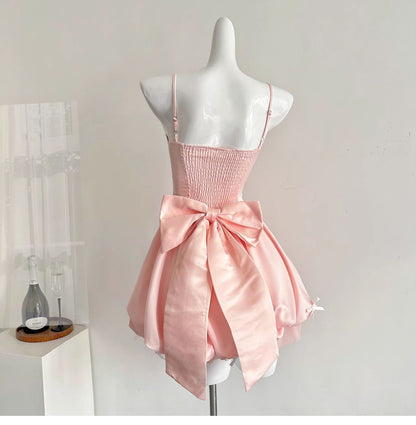 Fairytale🩷 Spring Pool Party Dress Pink Satin A-Line Short Prom Dress for Birthday &Homecoming  ED01937