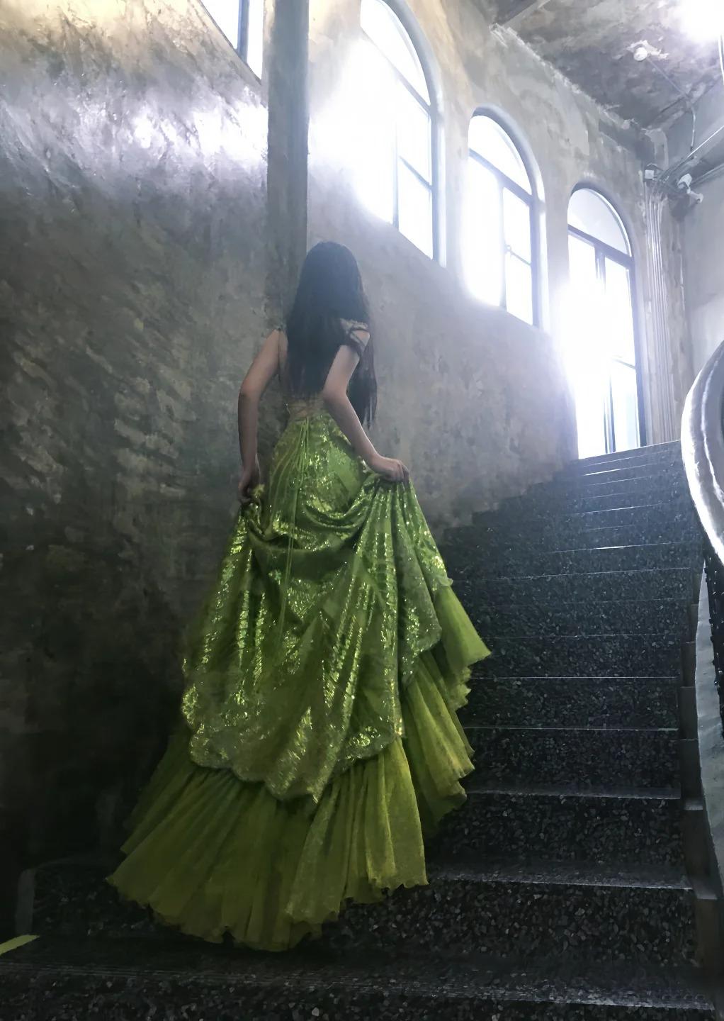 Fairytale Bud Green Mermaid Sequins Beaded Prom Dress Backless Tulle Evening Gown  ED01945
