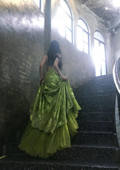 Fairytale Bud Green Mermaid Sequins Beaded Prom Dress Backless Tulle Evening Gown  ED01945
