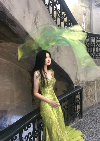 Fairytale Bud Green Mermaid Sequins Beaded Prom Dress Backless Tulle Evening Gown  ED01945