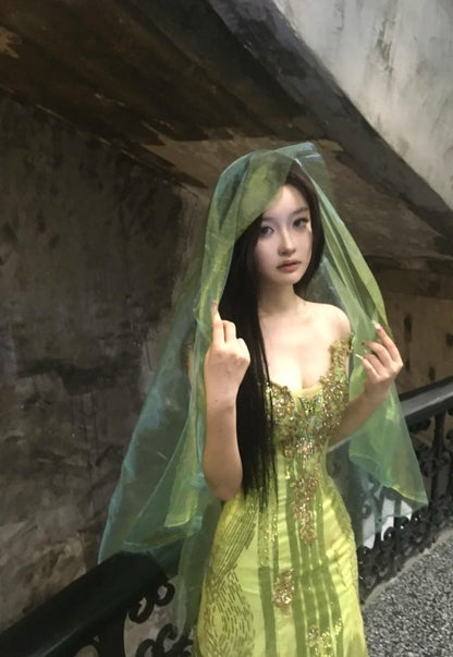 Fairytale Bud Green Mermaid Sequins Beaded Prom Dress Backless Tulle Evening Gown  ED01945