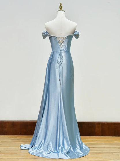 Elegante vestido de noche largo de satén con escote sirena y cuentas, hombros descubiertos, con abertura ED01951