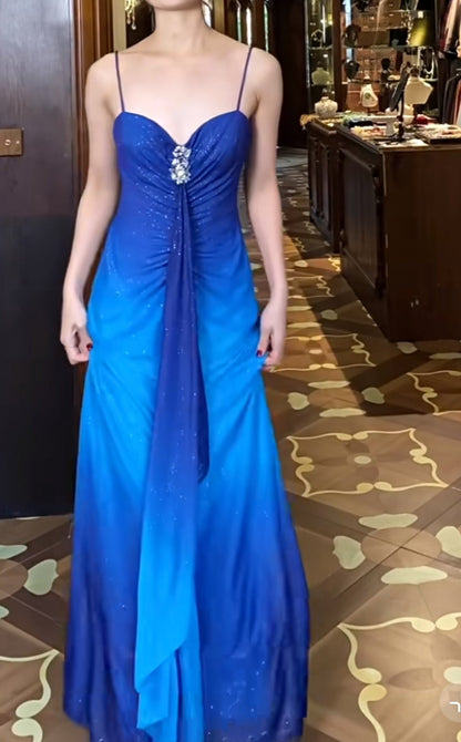 Glitter Chiffon Gradient Blue Prom Dress for Party Elegant 2000s Spaghetti Strap Evening Gown ED01953