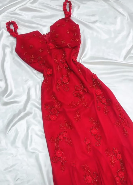 Vestido de fiesta de gasa roja estilo cuento de hadas retro para fiesta y cumpleaños, con apliques de cuentas brillantes, ED01954