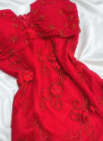 Vestido de fiesta de gasa roja estilo cuento de hadas retro para fiesta y cumpleaños, con apliques de cuentas brillantes, ED01954