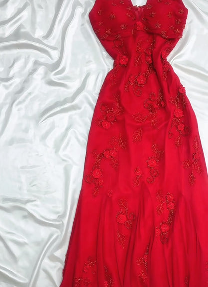 Vestido de fiesta de gasa roja estilo cuento de hadas retro para fiesta y cumpleaños, con apliques de cuentas brillantes, ED01954
