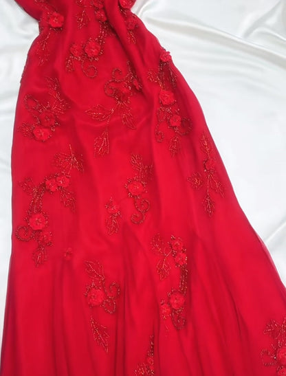 Vestido de fiesta de gasa roja estilo cuento de hadas retro para fiesta y cumpleaños, con apliques de cuentas brillantes, ED01954