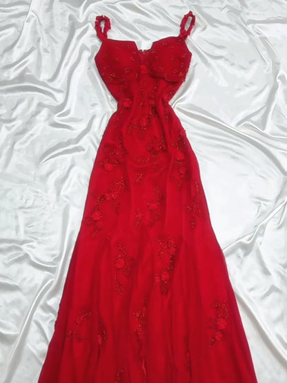 Vestido de fiesta de gasa roja estilo cuento de hadas retro para fiesta y cumpleaños, con apliques de cuentas brillantes, ED01954
