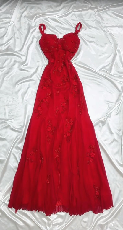 Vestido de fiesta de gasa roja estilo cuento de hadas retro para fiesta y cumpleaños, con apliques de cuentas brillantes, ED01954
